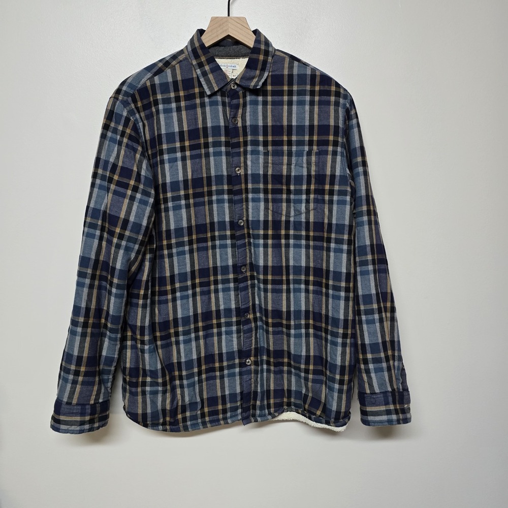 Carbon2Cobalt Sherpa Lined Flannel Shirt Jacket MT Blue‎ Gray Plaid Button Front